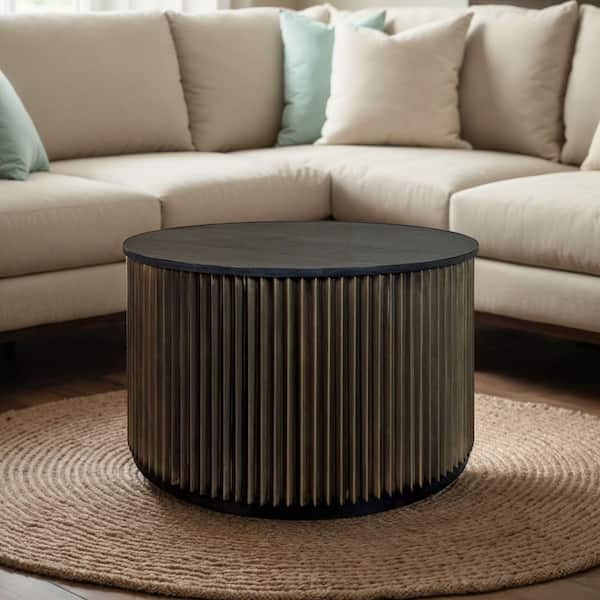 Harmony 36 in. Black/Brass Round Wood Top Coffee Table