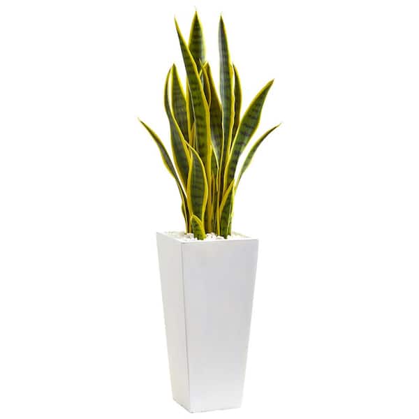 Nearly Natural Indoor 3-Ft. Sansevieria Artificial Plant in White Planter