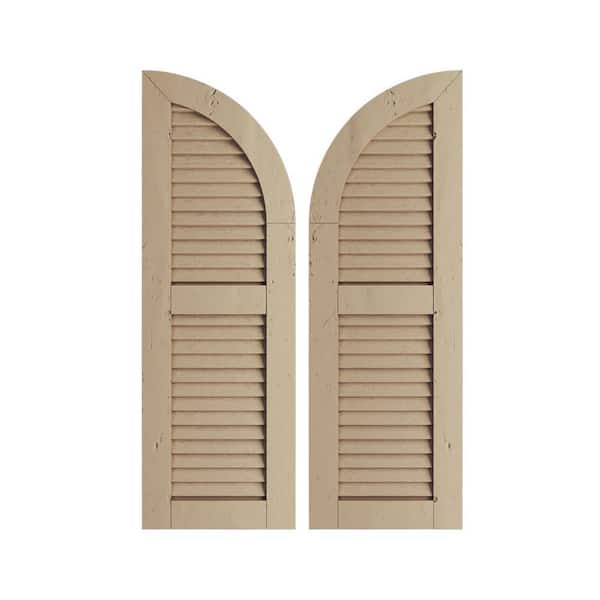 Ekena Millwork 12" x 48" Timberthane Polyurethane Knotty Pine 2-Equal Louvered Quarter Round Arch Top Faux Wood Shutters Pair in Primed
