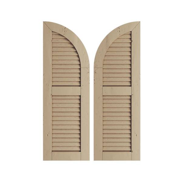 Ekena Millwork 12" x 76" Timberthane Polyurethane Knotty Pine 2-Equal Louvered Quarter Round Arch Top Faux Wood Shutters Pair in Primed