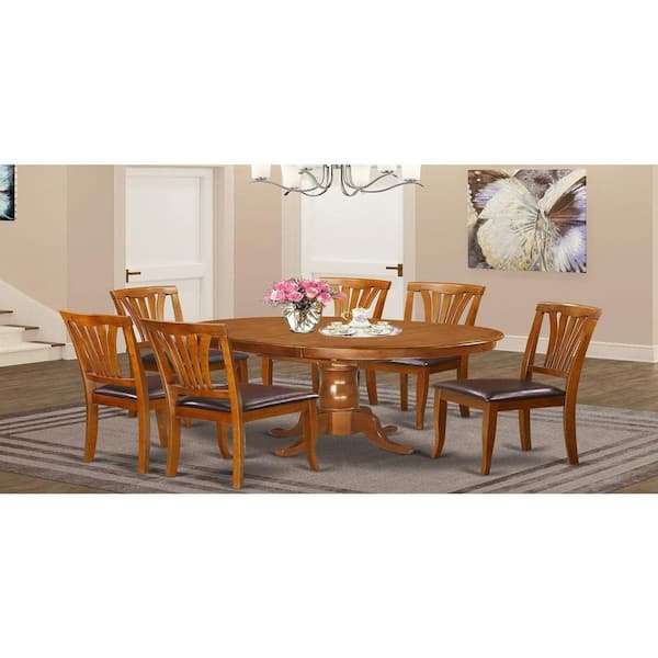 7-Piece Oval Saddle Brown Finish Solid Wood Top Dining Table with 6 Chairs with Lattice Back