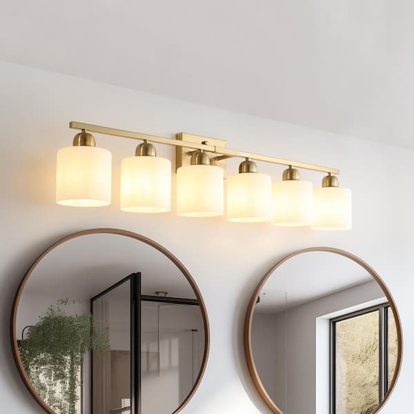 38 in. 6 Light Gold Bathroom Vanity Light Over Mirror, Wall Sconce with White Glass Shades for Dressing Room