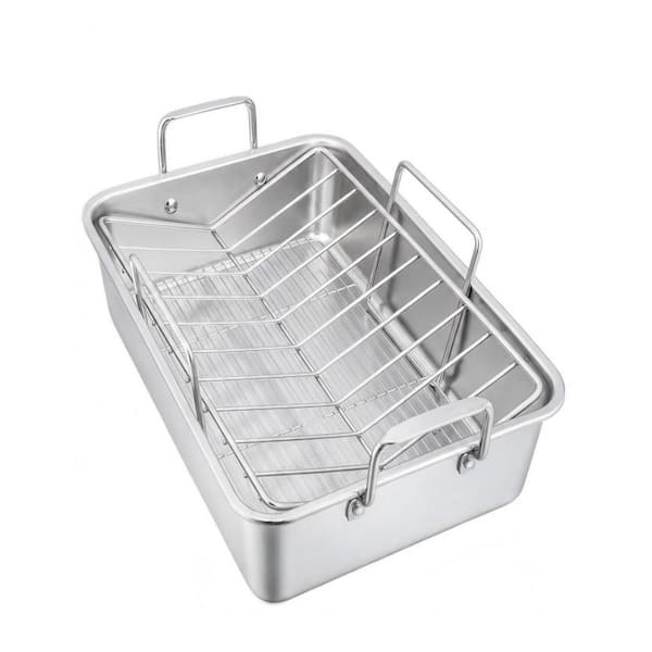 3-Piece Silver Stainless Steel Roaster Roasting Pan Set with Baking Rack, V-Shaped Rack and Handles