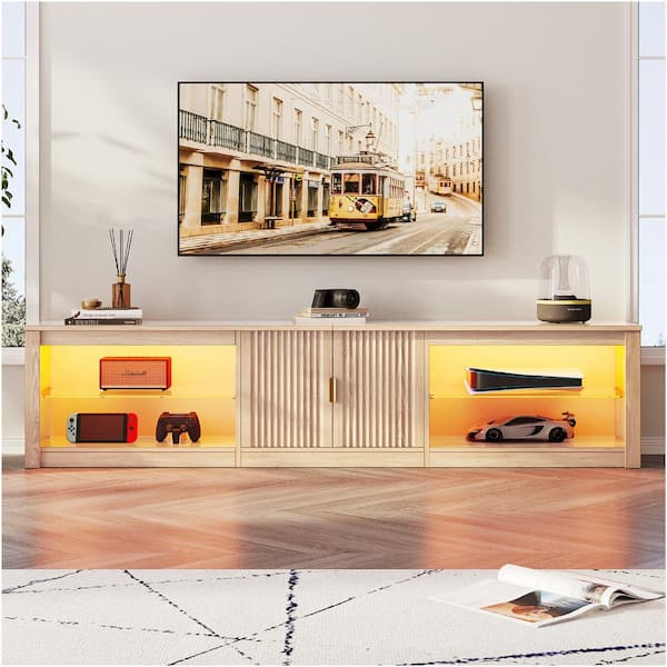 Bestier 80 in. Fluted Natural Wood Color TV Stand Fits TV Up to 85 in. LED Entertainment Center w/ Cabinet and Adjustable Shelf