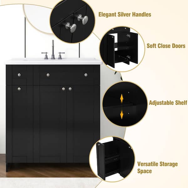 30 in. W Single Sink Bath Vanity in Black with White Ceramic Top, 2 Soft-close Doors and Double-tier Deep Drawer