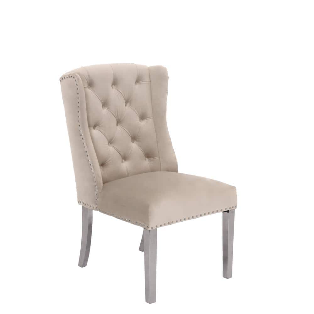 Elegant Cream Velvet Tufted Side Chairs with Silver Metal Accents