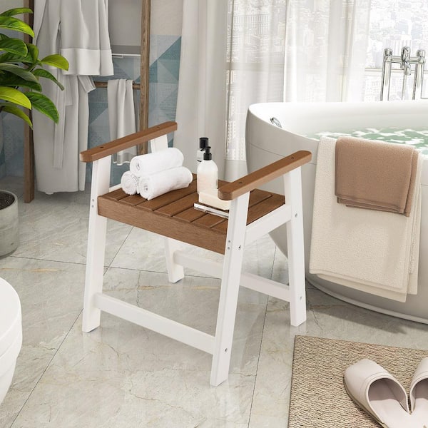 23 in. W Waterproof heavy-duty HDPE Shower Bench Bathroom Shower Chair Armrest Off White, Brown