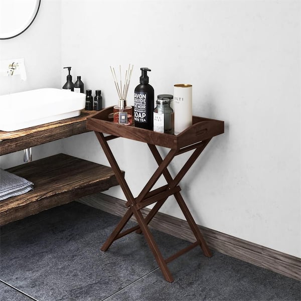 1-Piece 24 in. Solid Teak Wood Rectangle Tray Table 28 in. High Folding Table with Removable Tray Top