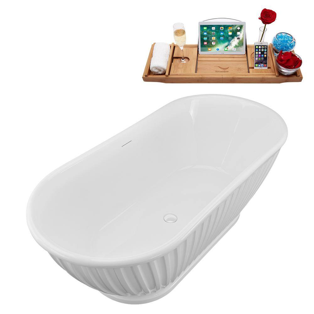 67" Glossy White Acrylic Freestanding Soaking Bathtub with Bamboo Tray