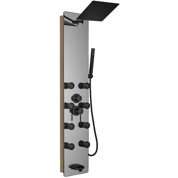 BWE 8-Jet Multi-function Mirror Shower Panel System with Adjustable Rainfall Shower Head Handheld Shower Head in Black Gold