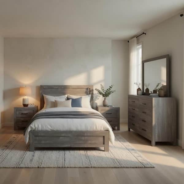 rustic grey dresser and nightstand set Furniture of America Vraif Brass Pull Handle Dresser, Mirror, 2-Piece Set, Rustic Gray, English Dovetail Drawers