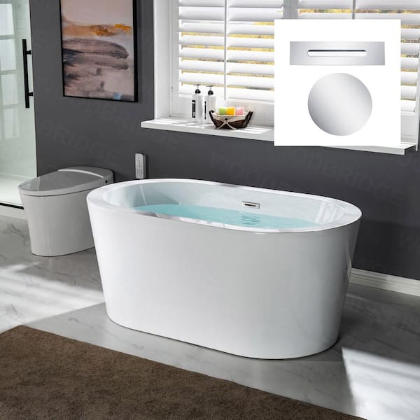 WOODBRIDGE Bridgewater 56 in. Acrylic FlatBottom Double Ended Bathtub with Polished Chrome Overflow and Drain Included in White