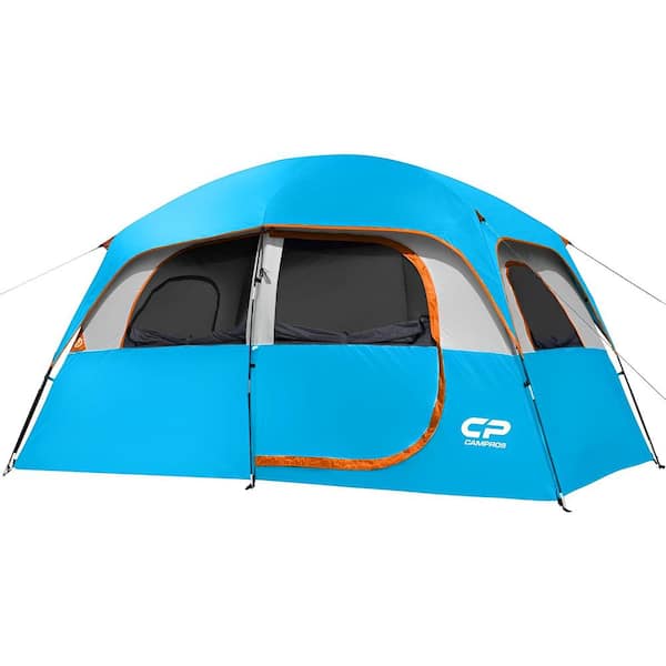 Unbranded Sky Blue 6-Person-Camping- Tents, Waterproof Windproof Family Tent with Top Rainfly, 4 Large Mesh Windows, Double Layer