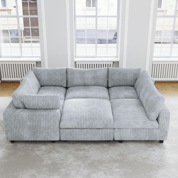 118 in. Squred Arm Soft Faux Rabbit Fur Velvet Modular Sectional Sofa V-shaped Corner Couch with Ottoman in Gray