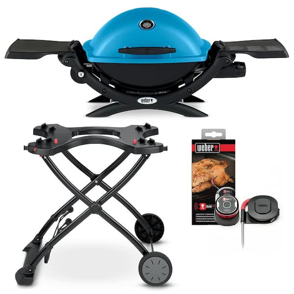 Weber Q 1200 1-Burner Portable Propane Gas Grill Combo in Blue with Rolling Cart and iGrill Mini