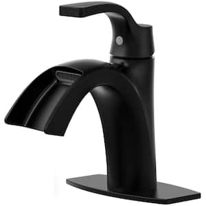 Waterfall Spout 1-Handle Low Arc 1-Hole Bathroom Faucet with Deckplate Included in Matte Black