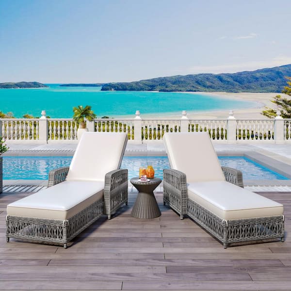 Zeus & Ruta 2-Piece Gray Wicker Outdoor Chaise Lounge with Armrests and Beige Soft Removable Cushions for Poolside