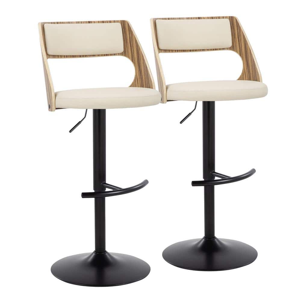 Adjustable Black Metal and Zebra Wood Barstools with Cream Faux Leather