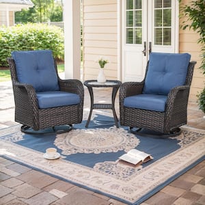 Brown 3-Piece Wicker Outdoor Rocking Chair Patio Conversation Set with Blue Cushions and Side Table