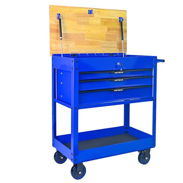 3 Drawers  W: 17.59 Multifunctional Tool Cart with Wheels and Wooden TOP-Blue
