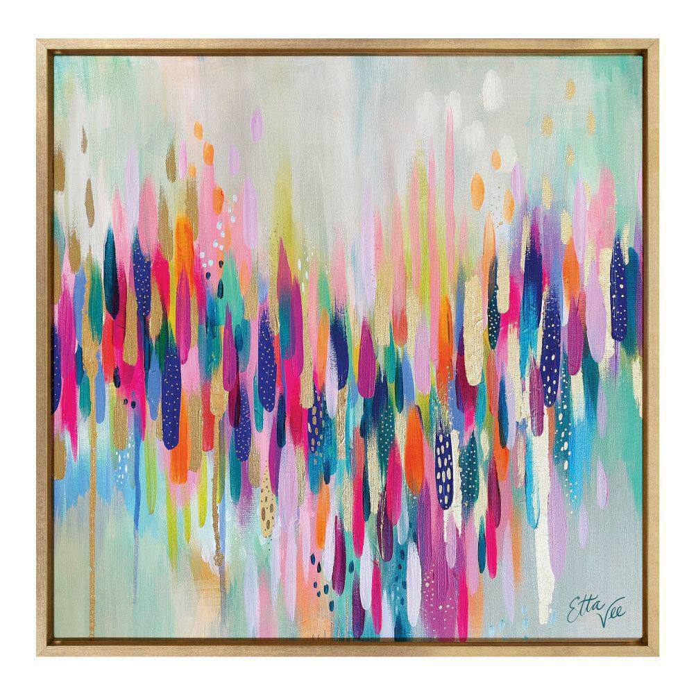Colorful Abstract Brushstroke Canvas Wall Art with Gold Frame, 30x30