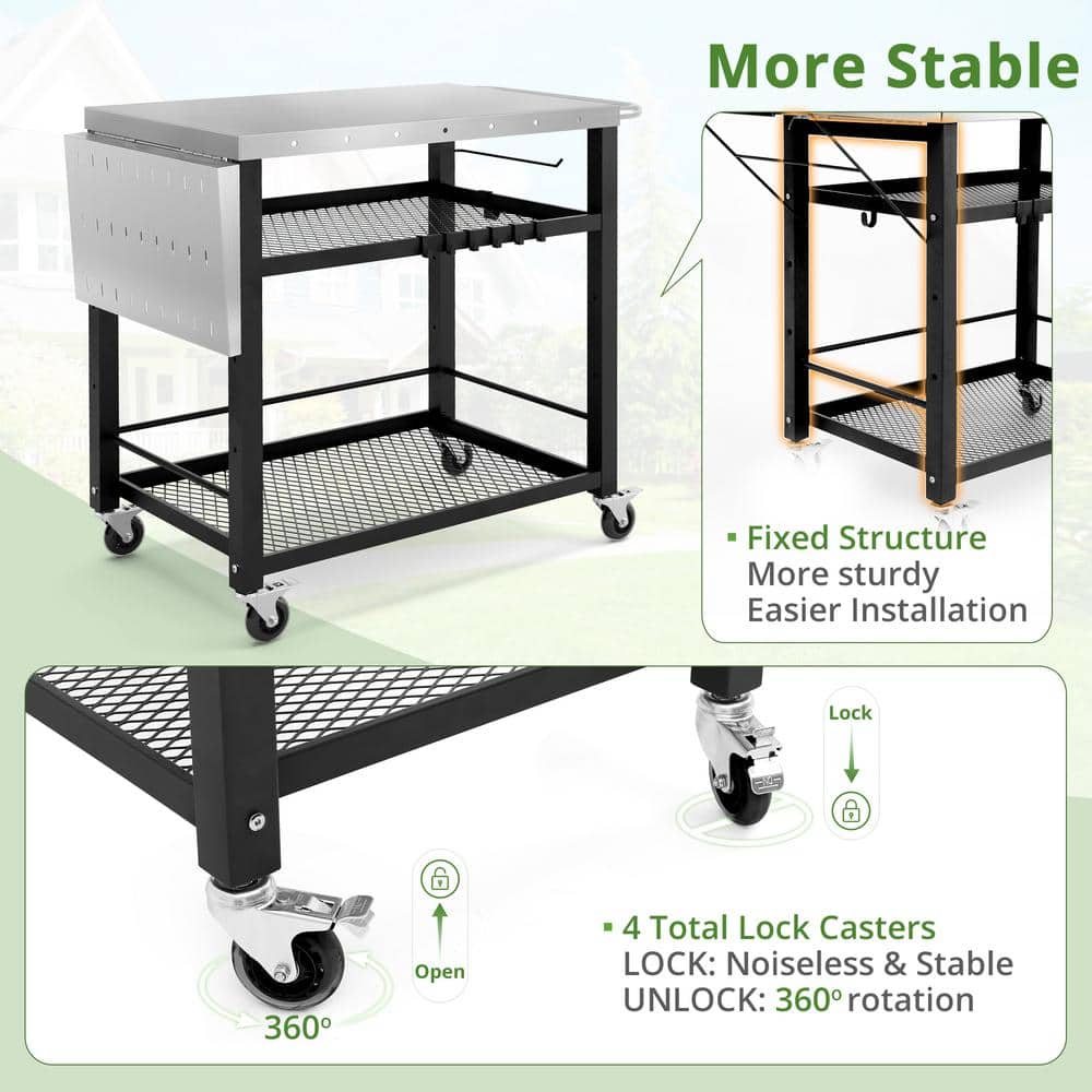 Black 3-Tier Stainless Steel Outdoor Grill Cart with Wheels
