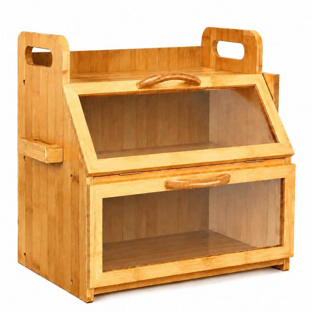 LAIFUCAM 1 Piece Natural Bamboo Double Layer Bread Box for Kitchen
