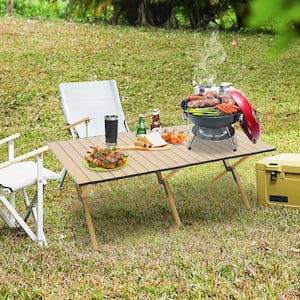 Steel Outdoor Dining Table Natural Wood Foldable Aluminum Top Camping Picnic with Carrying Bag and Anti Slip Foot Mat