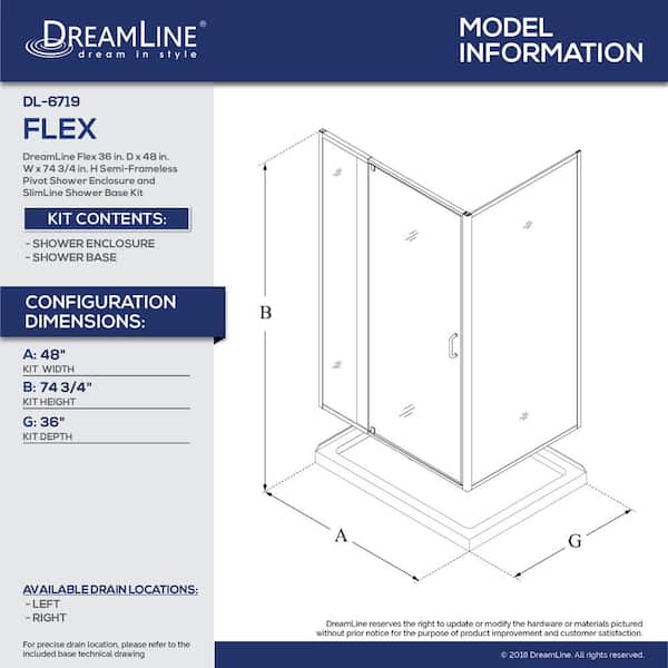 Flex 48 in. x 72 in. Pivot Semi-Frameless Shower Door in Brushed Nickel Finish with 48 in. x 36 in. Base in White