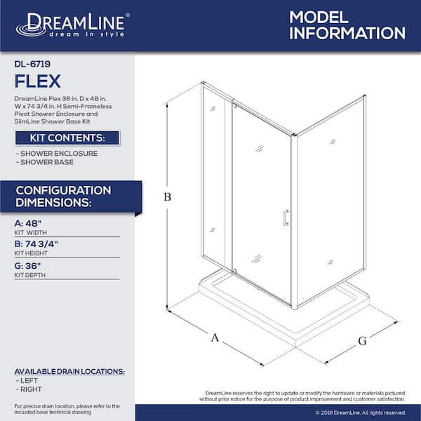 Dreamline Flex 36 In D X 48 In W X 74 75 In Framed Pivot Shower Enclosure In Chrome With Left Drain White Acrylic Base Kit Dl 6719l 01cl The Home Depot