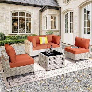 Supery Gray 5-Piece Wicker Patio Conversation Seating Set with Bold-Stripe Orange Red Cushions and Coffee Table