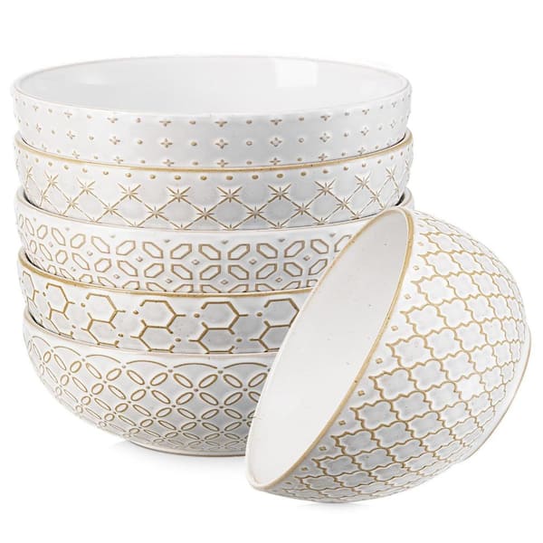 26 fl. oz. Embossed Natural Clay Ceramic Cereal Bowl Set with Six Distinct Patterns, Set of 6