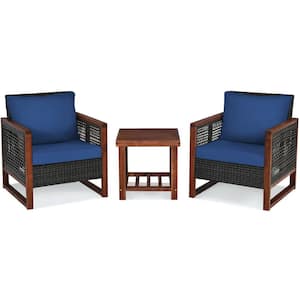 3-Piece Acacia Wood Patio Conversation Set with Square Wooden Table Hallow Wicker and Blue Cushions