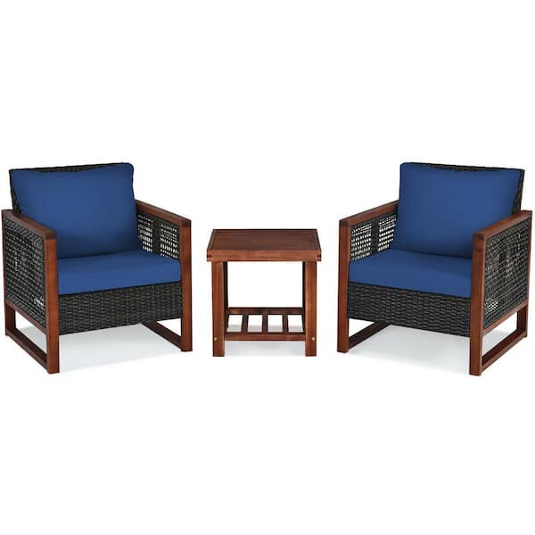 FORCLOVER 3-Piece Acacia Wood Patio Conversation Set with Square Wooden Table Hallow Wicker and Blue Cushions