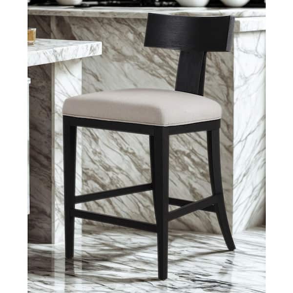 MR MODREST Fabien Mid-Century Modern 26.8 in. Black Walnut Wood Counter Stool with Linen Seat