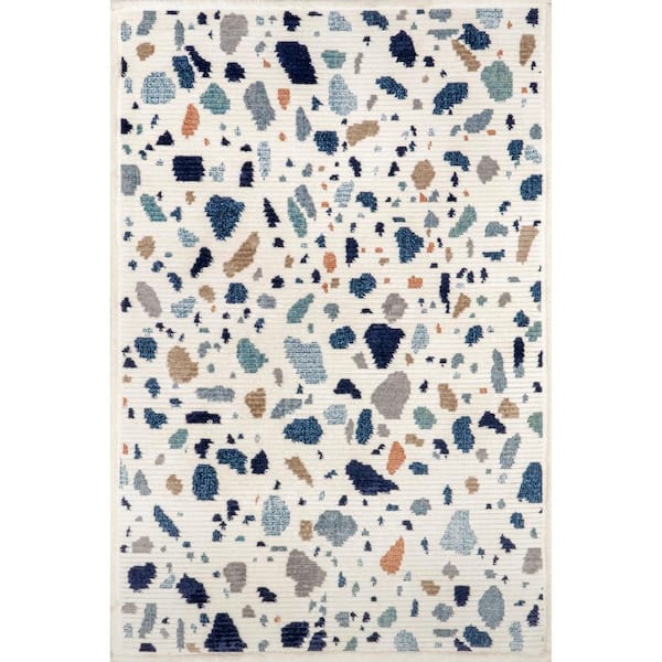 nuLOOM Fern Modern Terrazzo Fringe Blue Doormat 3 ft. x 5 ft. Area Rug