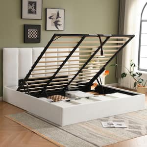 White Plywood Frame King Hydraulic Lift Up Storage Upholstered Platform Bed