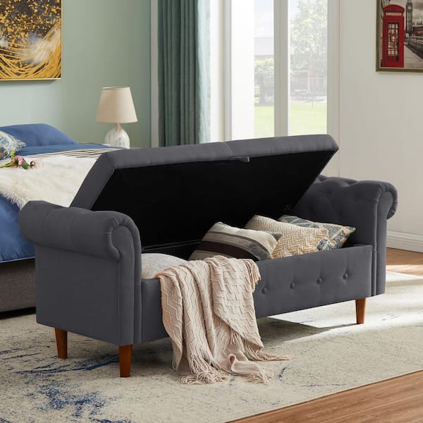 Modern Gray Linen 63 in. Bedroom Bench Without Back with Storage and 5. 51in. Solid Wood Legs