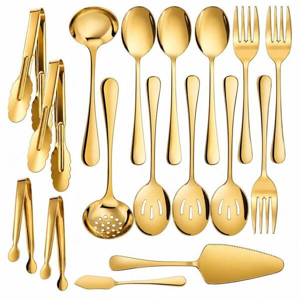 17-Pack Gold Stainless Steel Buffet Serving Set with Serving Spoon, Slotted Spoon, Soup Spoon, Fork, Tong, for Catering