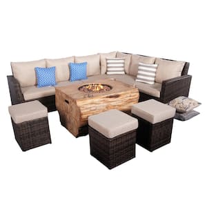 Strip 8-Pieces Rock and Fiberglass Fire Pit Table Brown Wicker Conversation Set with Beige Cushions and a Storage Box