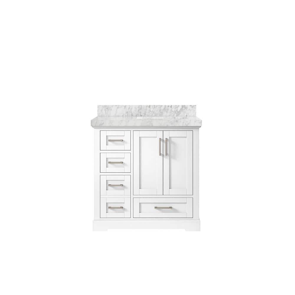 "Boston 36 in. W x 22 in. D x 36 in. H Right Offset Sink Bath Vanity in White with 2"" Carrara Marble Top" price history on PriceWatchPro