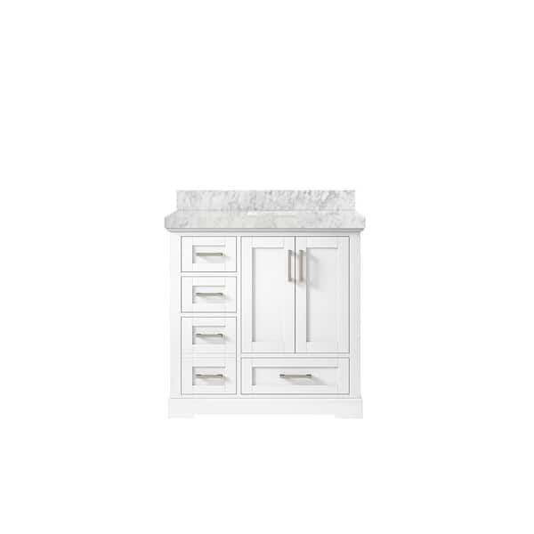 Willow Collections Boston 36 in. W x 22 in. D x 36 in. H Right Offset Sink Bath Vanity in White with 2" Carrara Marble Top