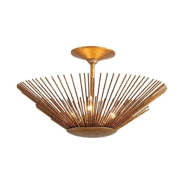 HUOKU Dopul 3-Light 17 in.W Distressed Gold Semi-Flush Mount Cone