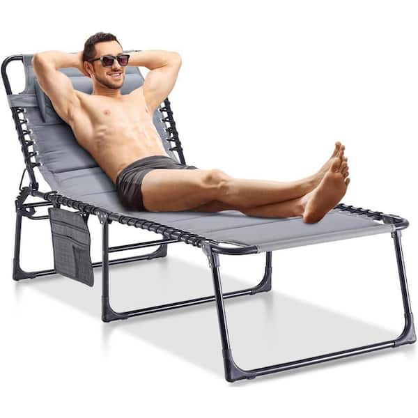 AFAIF 2-Piece Outdoor Folding Lounge Chair, Light-Weight Support 300 lbs. Lawn Camping Beach Recliner with Storage Bag, Grey