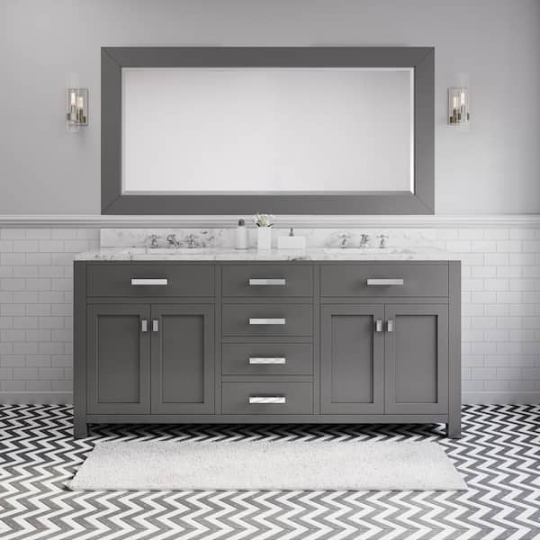 Water Creation Madison 72 in.W x 21.5 in.D x 34 in.H Double Sink Bath Vanity in Cashmere Grey with Carrara White Marble Top and Mirror