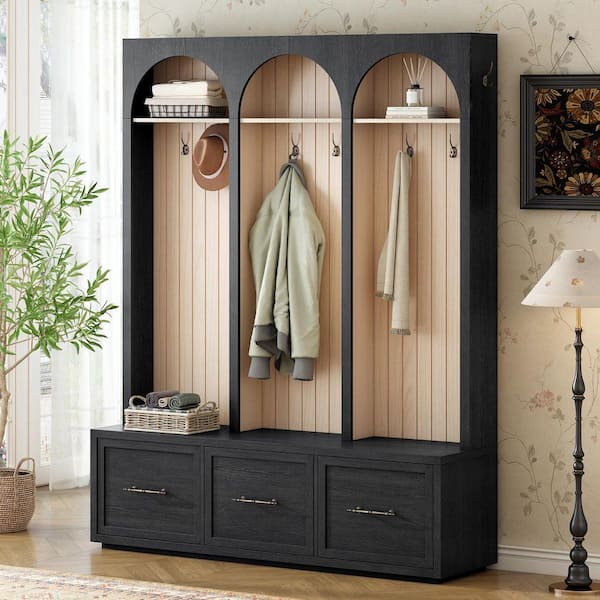 Polibi Dark Walnut MDF Wood Hall Tree with 8-Retro Hooks, 3