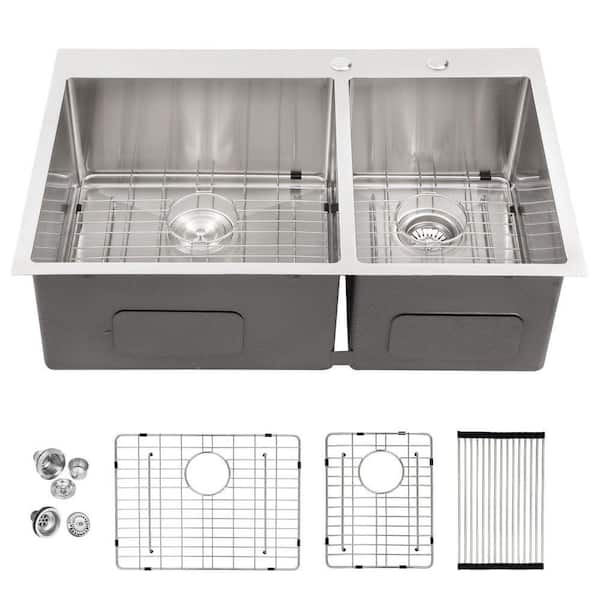 16-Gauge Stainless Steel 33 in. Double Bowl 60/40 Drop-In Kitchen Sink with Strainer and Bottom Grid
