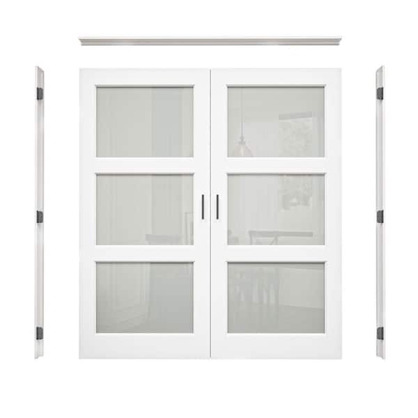 72 in. x 80 in. 3-Lite Frosted Glass Universal White Solid Core Glass Double Prehung French Door + Quick Jamb&Ball Catch