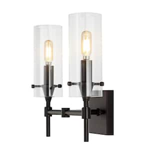 Cato 13.5 in. 2-Light Oil Rubbed Bronze/Clear Bohemian Farmhouse Iron/Glass LED Vanity Light