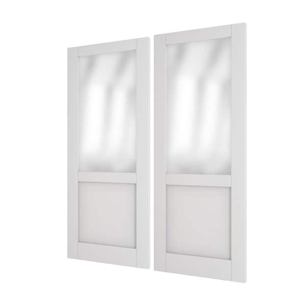 TENONER 64 in. x 80 in. (Double 32 in. ), Primed, White, Solid Core MDF, 1/2 Lite, Frosted Glass Panel Door with Bypass Hardware